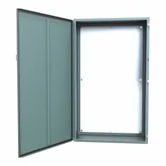 This HAMMOND steel enclosure is rated NEMA 12/13 for protection against dust, dirt, and non-corrosive liquids. It measures 60 x 36 x 16 inches and features a solid hinged cover secured with clamps. A panel is included; knockouts are not provided. Typical applications include housing electrical controls and instruments in industrial environments such as manufacturing plants and machine shops.