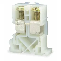 DIN rail mount pass-through block with screw clamp wire termination. Provides two wire terminals for a minimum wire size of 12 AWG. Used for connecting and distributing wiring in control panels and power distribution systems.