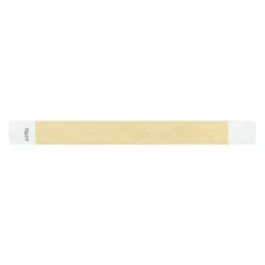 Tyvek security wristband in yellow, 10 inches long by 1 inch wide, supplied in a pack of 500. The wristband has no pre-printed legend, allowing for custom marking. Suitable for temporary identification and access control in events, healthcare, and industrial settings.