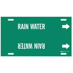 Green strap-on pipe marker with white legend reading 'Rain Water' and directional arrows. Designed for pipe outer diameters from 6 to 7-7/8 inches. Used to identify rain water lines in piping systems, aiding in clear content and flow direction marking.