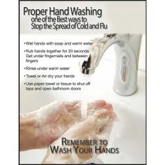 Laminated safety poster reminding personnel of correct hand hygiene procedures. Suitable for use in industrial facilities, food processing plants, and healthcare settings to support workplace sanitation compliance.