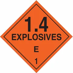 Class 1: Explosives placard measuring 10 3/4 in x 10 3/4 in with a label height of 10 3/4 in. Displays message '1.4 Explosives E 1' for identifying hazardous materials during transport and storage.