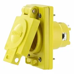 General purpose inlet with NEMA 5-20P configuration. Rated 125V AC, 20 A, 2-pole, 3-blade. Yellow housing for high visibility. Used for temporary power connections in industrial or commercial settings.
