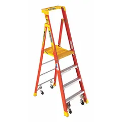Fiberglass rolling podium stepladder with a 6 ft ladder size. Includes casters for mobility. Load capacity of 300 lb. Weight 34 lb. Suitable for industrial maintenance, electrical work, and facility tasks requiring a stable elevated platform.