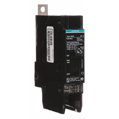 SIEMENS Miniature Circuit Breaker: 45 A Amps, 277V AC, 1 Poles - BQD Series, Bolt-On Siemens Miniature Circuit Breakers