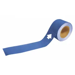 This vinyl pipe marker features a blue background with white legend text for directional flow indication. It measures 1 inch in length and 8 inches in width, supplied on an 8-inch wide roll. The non-reflective marker is suitable for industrial pipe identification in facilities such as plants and refineries.