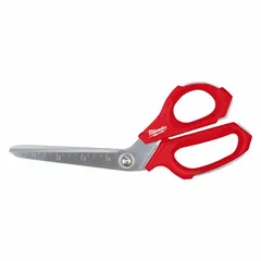 These offset plastic-handle scissors feature a serrated, pointed metal blade with a chrome and red finish. The 9 1/4 in overall length and ambidextrous handle accommodate both left- and right-handed users. Suitable for cutting common jobsite materials such as drywall, carpet, and vinyl.