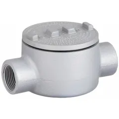 Iron conduit outlet body with triple coat epoxy coating, C body style, 1-1/2 in trade size, 72 cu in capacity. Threaded female hubs for use with threaded IMC. Includes cover and O-ring. UL Listed for hazardous locations Class I, Division 1 and 2, Groups B, C, D; Class II, Division 1 and 2, Groups E, F, G; and Class III. Used for pulling, splicing, and terminating conductors in conduit systems.