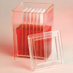 This staining jar is made of PMP and holds up to 8 samples. It is used in histology and microbiology laboratories for routine slide staining procedures. The compact dimensions (57 mm height, 57 mm width, 27 mm depth) fit standard staining racks.