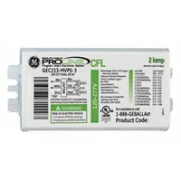 Programmed rapid start electronic ballast for fluorescent lamps. Supports 2 F18DBX lamps at 13 W, 16 W, or 18 W. Operates on 120 to 277V AC. Overall length 5 in. Suitable for commercial and industrial lighting fixtures