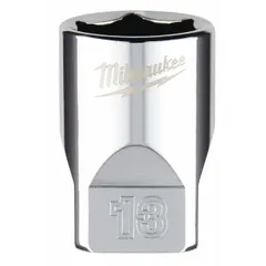 This 1/4 in drive, 13 mm, 6-point anti-roll hand socket features a chrome finish. It is used for tightening or loosening metric fasteners in industrial maintenance, assembly, and repair applications.