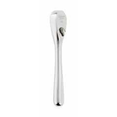 This standard-head ratchet features a pear head shape with a chrome finish and reversible operation. With a 5-inch overall length and 4° minimum arc swing, it is suited for tightening and loosening fasteners in confined spaces where a full swing is not possible. The tool is non-magnetic and does not include a quick-release mechanism.