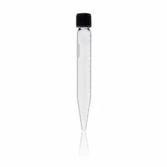 This KIMBLE centrifuge tube has a 100 mL capacity, 37 mm body diameter, and 203 mm overall height. It features a conical bottom, colorless glass body, graduated markings, and includes a closure. Used in laboratory centrifugation for separating solids from liquids in sample preparation and analysis.