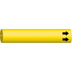 Blank snap-on pipe marker with yellow background and black legend text. Fits pipe outer diameters from 2-1/2 to 3-7/8 inches. Includes arrows for flow direction indication. Used for identifying pipe contents in industrial piping systems.