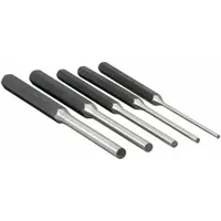 This 5-piece punch set is designed for removing drive pins and aligning holes in metal assemblies. Punches have flat tips with SAE diameters: 1/8 in, 3/16 in, 1/4 in, 5/16 in, and 3/8 in. Includes a 5/16 x 8 in punch. Made of steel. Suitable for maintenance, machining, and fabrication tasks