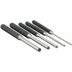 This 5-piece punch set is designed for removing drive pins and aligning holes in metal assemblies. Punches have flat tips with SAE diameters: 1/8 in, 3/16 in, 1/4 in, 5/16 in, and 3/8 in. Includes a 5/16 x 8 in punch. Made of steel. Suitable for maintenance, machining, and fabrication tasks.