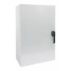 This steel washdown enclosure measures 20 x 20 x 12 inches and features a solid hinged cover with a painted finish. Rated NEMA 12/13/3R/4, it provides protection against dust, falling dirt, dripping water, and hose-directed water. The enclosure includes a padlock hasp for secure closure; knockouts are not provided. Typical applications include housing electrical controls, drives, and instrumentation in industrial environments requiring these NEMA ratings.