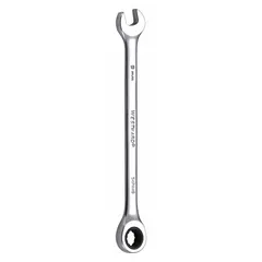 This 9 mm metric combination wrench features a 12-point ratcheting box end for faster fastener turning without repositioning. Made of alloy steel with a chrome finish, it has a standard length of 5 7/8 inches. Suitable for tightening and loosening fasteners in general maintenance and repair tasks.