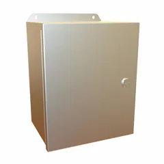 This HAMMOND stainless steel enclosure measures 10 x 8 x 6 inches and is rated NEMA 12/13/3R/4/4X for protection against dust, water, and corrosion. It features latch closure and includes an inner panel. No knockouts are provided. Suitable for housing electrical controls and instrumentation in indoor or outdoor industrial environments.