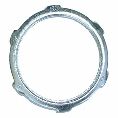 Steel locknut for securing rigid threaded conduit (RMC/IMC) to boxes or enclosures. Non-insulated design provides metal-to-metal contact for grounding continuity. Used in electrical installations where a mechanical connection is required.