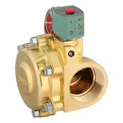 This REDHAT solenoid valve is a 2-way, 2-position normally closed design with a 2 in pipe size. It operates on 120V AC (also rated 110V AC) and features a watertight coil enclosure with an NBR seal. Suitable for on/off control of compatible fluids in industrial piping systems, including wet or washdown environments.