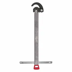 Metal basin wrench with telescoping handle, 17 in handle length, 5 5/8 in overall width, and 14.1 in type. Adjustable jaw fits nut sizes from 0.125 in to 1.25 in. Used for tightening or loosening nuts on faucet mounting hardware in confined spaces under sinks.