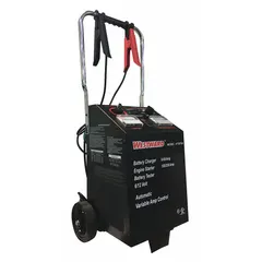 This automatic wheeled battery charger is designed for boosting, charging, and maintaining AGM and lead-acid batteries. It delivers a boost current of 250 A at 12V, a charging current of 60 A at 12V, and a maintaining current of 60 A at 6V. The Auto On/Off function enables hands-free operation, making it suitable for routine battery maintenance in fleet and vehicle service environments.