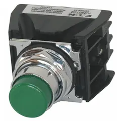 Momentary push button operator with extended-length metal actuator, non-illuminated. Rated 10 A at 600 V AC and 2.5 A at 250 V DC. Suitable for industrial control panel applications requiring a durable, extended-profile operator for momentary switching functions.