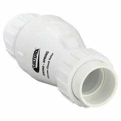 This PVC inline spring-loaded swing check valve features a 2 in pipe size with true union socket connections on both sides. The spring-loaded design allows installation in vertical or horizontal orientations. It is used to prevent backflow in piping systems where corrosion resistance is required.