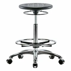 Polyurethane Lab Stool, Black, 13 in Seat, 23 1/2-33 1/2 in Height, Aluminum Base with 5 Casters, Foot Support