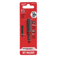 This impact-rated bit holder accepts 1/4 in hex-shank bits and features a magnetic tip for fastener retention. It is designed for use with impact drivers and drills in high-torque applications such as construction, automotive, and general assembly.