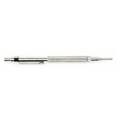 This single-end scriber features a round, knurled aluminum body for a secure grip and a removable carbide tip for precise marking on metal, plastic, and other hard surfaces. Its magnetic body allows convenient attachment to ferrous surfaces during layout and marking tasks in machining, fabrication, and maintenance applications.