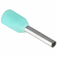 Insulated ferrule for terminating a single 22 AWG wire. Nylon insulation in turquoise. Used to prevent strand fraying and ensure secure connections in terminal blocks and control panels.