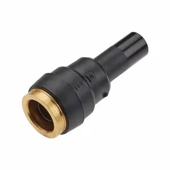 Composite push-to-connect adapter fitting with tube stem ends, connecting 3/8 in OD tubing to 1/4 in OD tubing. Used in pneumatic air brake systems and industrial air circuits for tool-free, leak-free connections.