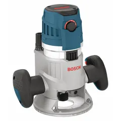 Fixed base router with 2.3 hp motor, variable speed up to 25,000 RPM, and 1/2 in collet. Soft-start technology reduces torque reaction at startup. Suitable for edge profiling, dado cutting, and joinery in woodworking and cabinetry.