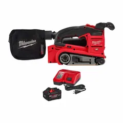 This cordless belt sander kit includes one 8.0 Ah M18 battery, charger, hose adapter, and one abrasive belt. It features a brushless motor and accepts 3 in wide by 18 in long belts. Suitable for material removal, surface finishing, and shaping on wood, metal, and composites.
