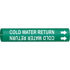 This snap-on pipe marker identifies cold water return lines and fits pipe outer diameters of 4 to 6 inches. The marker features a green background with white legend text and includes directional arrows. It is used in facility piping systems to clearly label return lines for maintenance and operational clarity.