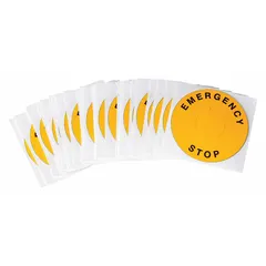 Round polyester legend ring with yellow background and black 'Emergency Stop' legend in English. Overall diameter 2 3/8 in. Compatible with Series R4400 and R6000 push-button stations. Used to identify emergency stop function on industrial control panels.
