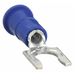 Vinyl-insulated locking fork terminal for #6 studs, accepting 16 to 14 AWG wire. Funnel-entry barrel simplifies wire insertion. Rated for 1000 V, suitable for industrial control panels, machinery, and power distribution connections.