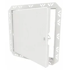 This latching access door is constructed from 16 ga steel with a concealed hinge and drywall bead flange. It is designed for wall mounting and provides access to mechanical, electrical, or plumbing systems behind finished drywall surfaces.