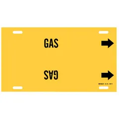 Yellow strap-on pipe marker with black 'Gas' legend and directional arrows. Designed for pipe outer diameters of 10 to 15 inches. Provides clear identification of gas piping in industrial facilities.