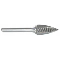 Single-cut flame bur (type SH-2) with a 5/16" x 3/4" head and a 1/4" shank. Designed for material removal, deburring, and shaping on contoured surfaces in metalworking applications.
