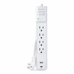 This surge protector features 4 outlets with a 3 ft cord, 600 J energy rating, and 15 A current. UL 1449 certified for transient voltage surge suppression. Keyhole mounting allows secure wall attachment. Suitable for protecting electronics in workstations, home offices, and light industrial settings.