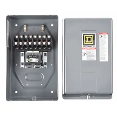 This enclosed electrically held lighting contactor from SQUARE D features 8 poles, a 120V AC coil, and a 30 A rating. It is used for switching lighting loads and other non-motor circuits in commercial and industrial buildings, providing reliable on/off control for large banks of lights or resistive loads.