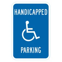 Aluminum sign with 0.063 in thickness and High Intensity Prismatic retroreflective grade. Nominal size 18 x 12 in. Used to designate accessible parking spaces in parking lots and facilities