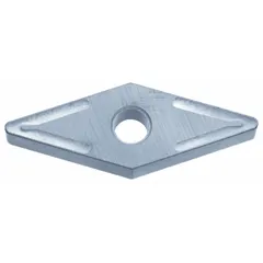Diamond indexable turning insert for precision machining of non-ferrous materials. Used in CNC lathe operations for finishing cuts on aluminum, copper, and plastics. Features VNMG geometry with 3/32-inch thickness and 1/8-inch corner radius.