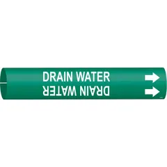 Green pipe marker with white 'Drain Water' legend and directional arrows. Fits pipe outer diameters from 2-1/2 to 3-7/8 inches. Supplied as a single snap-on marker for identifying drain water lines in piping systems.