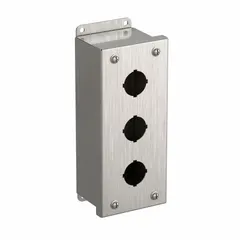 This enclosure is constructed from 304 stainless steel and accommodates three 30mm push button operators. It is rated NEMA 3R/4/4X, providing resistance to washdown, moisture, dust, and corrosion for indoor or outdoor use in industrial environments.