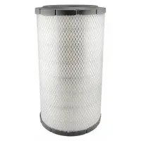 Engine air filter with round/oval shape and radial seal design. Overall height of 16 7/8 inches. Used in heavy-duty trucks, construction equipment, and agricultural machinery to remove airborne contaminants from engine intake air