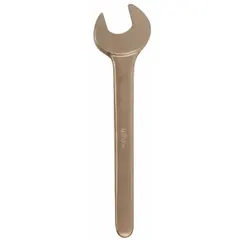 Single-end SAE open end wrench made of aluminum bronze with a natural finish. Nonsparking construction suitable for use in environments where flammable gases or dust are present. Head size 2 1/4 in, overall length 18 in.